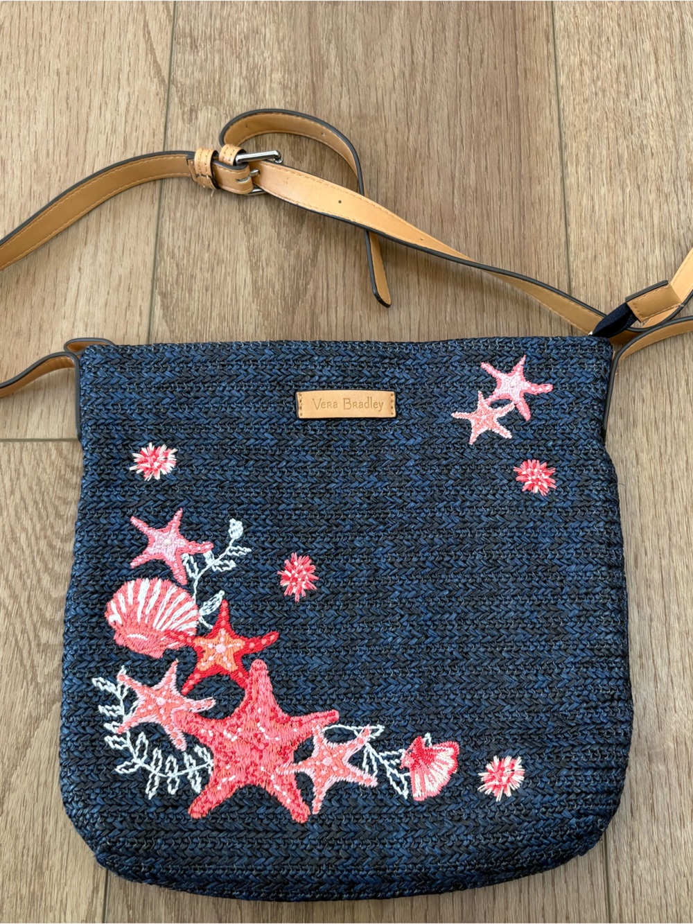 Vera Bradley Beach Straw Crossbody Bag Navy Embroidered Starfish Shells Sea Life